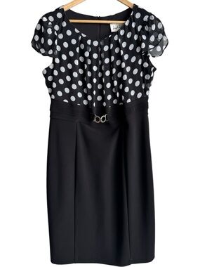Joseph Ribkoff Polka Dot Cocktail Dress Sz 12 Black Sheer Overlay Belted Party